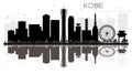 Kobe City skyline black and white silhouette with reflections. Royalty Free Stock Photo