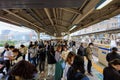 Kobe, Japan - May 6, 2023: Passengers wait on platform at JR Sannomiya Station due to train delay Royalty Free Stock Photo