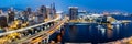 Kobe skyline from above with port and elevated road panorama at twilight in Japan