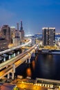 Kobe skyline from above with port and elevated road portrait format at twilight in Japan