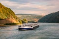 Koblenz August 2020, Inland shipping transport on the rhine river with containers, Large container and oiltanker vessel