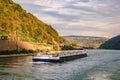 Koblenz August 2020, Inland shipping transport on the rhine river with containers, Large container and oiltanker vessel