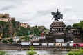 Koblenz City Germany 06.06.2019 historic monument German Corner rivers rhine and mosele flow together on a sunny day