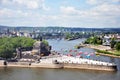 Koblenz City Germany 03.05.2011historic monument German Corner rivers rhine and mosele flow together on a sunny day