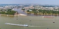 Koblenz Deutsches Eck German Corner Rhine Mosel river panorama with ships boats and cable car in Germany