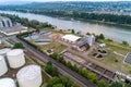 Koblenz GERMANY 21.07.2018 Aerial view of modern industrial sewage treatment plant beside the rhine river Royalty Free Stock Photo