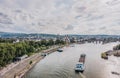 Koblenz, Germany - Aug 1, 2020:Aerial drone shot of Deutsch Eck quai with Florinskirche church view Royalty Free Stock Photo