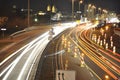 14.11.2011 Koblenz Germany - Car lights on german highway construction site signs night long exposure photo of traffic Royalty Free Stock Photo