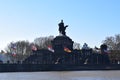 Koblenz, Germany - 02 27 2022: Deutsches Eck, Kaiser Wilhelm statue above the regional flags