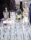 06.07.2019 Koblenz Germany glasses with bottle of hazelnut alcohol liquor poured into a shot glass during party wedding