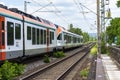 Koblenz Germany, 22 June 2020. An electric passenger train belonging to the VIAS GmbH carrier, arriving at a small railway station Royalty Free Stock Photo
