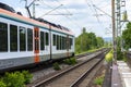 Koblenz Germany, 22 June 2020. An electric passenger train belonging to the VIAS GmbH carrier, arriving at a small railway station Royalty Free Stock Photo