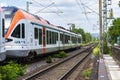 Koblenz Germany, 22 June 2020. An electric passenger train belonging to the VIAS GmbH carrier, arriving at a small railway station Royalty Free Stock Photo