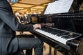 19.03.2021 Koblenz Germany - Male Hand playing on schimmel piano at party Event dinner Close-up Small depth of field