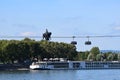 Koblenz, Germany - 09 12 2022: Seilbahn Koblenz and a ship below Kaiser Wilhem statue