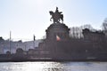 Koblenz, Germany - 02 27 2022: Mosel side of Deutsches Eck with Kaiser Wilhelm statue from 1897