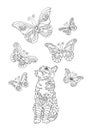 Cat with butterlies, adult coloring page Royalty Free Stock Photo