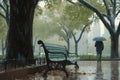 Kodak moment Rainy Central Park, a guy approaching a bench Royalty Free Stock Photo