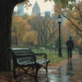 Kodak moment Rainy Central Park, a guy approaching a bench