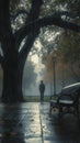 Kodak moment Rainy Central Park, a guy approaching a bench