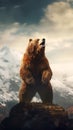 Kodiak Bear Standing Tall on its Hind Legs against the Backdrop of Rugged Alaskan Wilderness. Generative ai