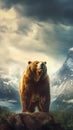 Kodiak Bear Standing Tall on its Hind Legs against the Backdrop of Rugged Alaskan Wilderness. Generative ai