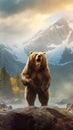 Kodiak Bear Standing Tall on its Hind Legs against the Backdrop of Rugged Alaskan Wilderness. Generative ai