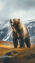 Kodiak Bear Standing Tall on its Hind Legs against the Backdrop of Rugged Alaskan Wilderness. Generative ai