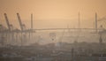 The \'Koehlbrand\' bridge during sunset in Hamburg, Germany.