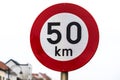 Koekelberg, Brussels Capital Region, Belgium - Road sign warning for a maximum of 50 kilometer per hour speed