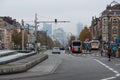 Koekelberg, Brussels Capital Region, Belgium - View over a bussy traffic road, Boulevard Leopold I and the financial