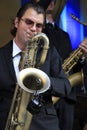 Koen Schouten plays baritone sax Royalty Free Stock Photo