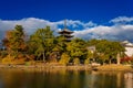 Kofuku Temple Five Storied Pagoda with Sarusawa Pond in Nara Royalty Free Stock Photo