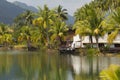 Marsh and palm tree landscape with abandoned tourist bungalows