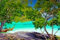 Idyllic tropical scenery with trees, rock plateau, bows of isolated long-tail boats, turquoise water in lonely lagoon