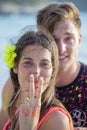 Girl and guy participate in Full Moon party in island Koh Phangan, Thailand Royalty Free Stock Photo