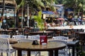 Koh Rong island, Cambodia - April 7, 2018: Seaside view with restaurants, hotels and beach