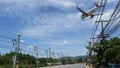 KOH SAMUI ISLAND, THAILAND - 23 JUNE 2019 Plane landing over typical main road street of tropical town. Aircraft flying to Bangkok