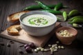 Kohlrabi cream soup with roasted broad and green pepper. Generate ai