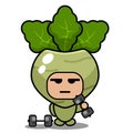 Kohlrabi vegetable costume mascot lifts barbell Royalty Free Stock Photo