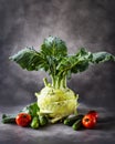 Kohlrabi, vegetables, cucumbers and tomatoes. On a gray background