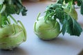 Kohlrabies cabbage turnips raw on neutral background. Royalty Free Stock Photo