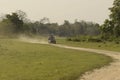 jungle safari vehicle rushing through the dusty meadow