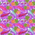 Koi carp collection swimming in pond with blue waves with pink lotus flowers on bright purple background, top view Royalty Free Stock Photo