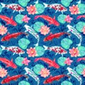 Koi carp collection swimming in pond with blue waves with pink lotus flowers on dark turquoise background Royalty Free Stock Photo