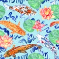 Koi carp collection swimming in pond with blue waves with pink lotus flowers Royalty Free Stock Photo