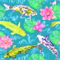 Koi carp collection swimming in pond with blue waves with pink lotus flowers, on turquoise background, top view Royalty Free Stock Photo