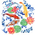 Koi carp collection swimming in pond with blue waves, red lotus flowers with leaves Royalty Free Stock Photo