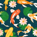 Koi carp fishes swim in blue water with lotus lily flowers, seamless japanese pattern