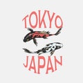 Koi Carp And Red Sun, Japanese Fish Badge. Korean Animal Logo. Engraved Hand Drawn Line Art Vintage Tattoo Monochrome